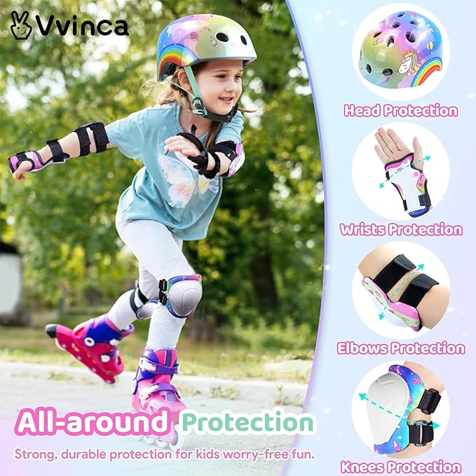 Vvinca Kids Toddlers Bike Helmet Adjustable for Ages 3-5-8 Years, Knee Pads and Elbow Pads Set Wrist Guard Sports Protective Gear Set for Roller Skate Bicycle Skateboard Scooter Girl Boy Birthday Gift