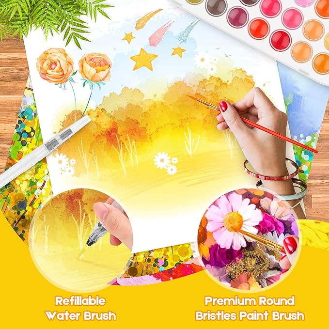 Taotree Valentines Day Gifts for Kids Adults, Easter Basket Stuffers, 48 Colors Watercolor Paint Set, Art Supplies Drawing Kit Painting Supplies Brush, Gifts for Teens Girls Boys Artists