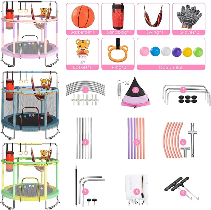 Trampoline for Kids, Upgrade Full Anti-Rust 440lbsToddler Trampoline with Net, Upgraded Ring Legs with Adjustable Gymnastics Bar&Toys, Gifts for Ages 1-8 Boys&Girls