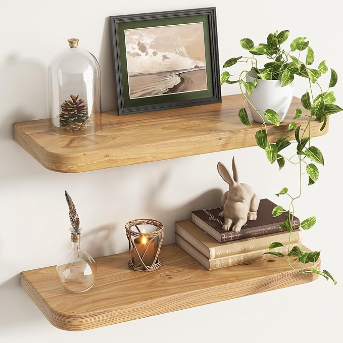 Rustic Elm Wood Floating Shelves for Wall, Round Edge 24"W x 9.2"D x 1.37"H, Set of 2 with Invisible Bracket, Wall Mounted Storage Shelves for Living Room Bedroom Kitchen Bathroom Decor, Natural