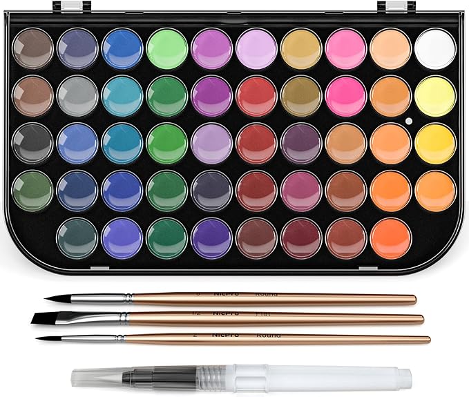 Nicpro Watercolor Paint Set, 48 Water Colors Kit with 3 Painting Brushes, Palette, Watercolor Pen, Non-toxic Painting Supplies for Kids, Adults, Students, Beginners and Artists