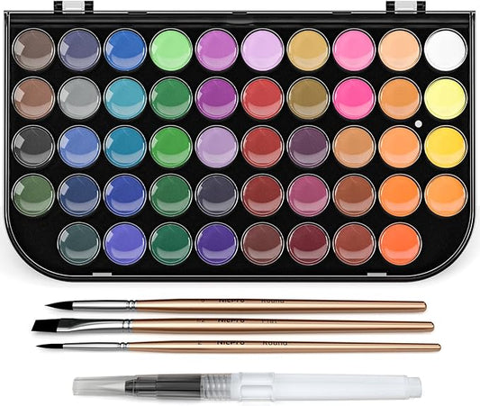 Nicpro Watercolor Paint Set, 48 Water Colors Kit with 3 Painting Brushes, Palette, Watercolor Pen, Non-toxic Painting Supplies for Kids, Adults, Students, Beginners and Artists