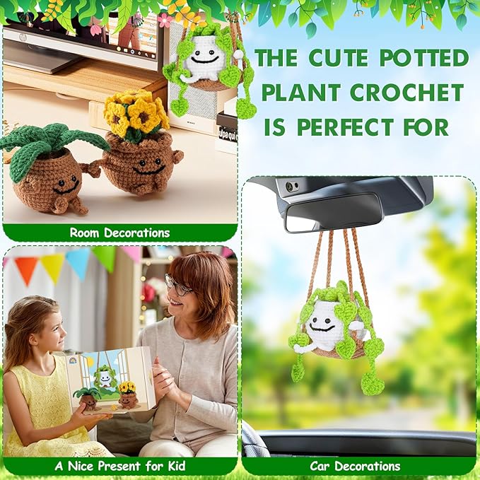Crochet Kit for Beginners - 3 PCS Potted Plants Crochet Kit with Step-by-Step Video Tutorials, Beginner Crochet Kits for Adults Kids, Potted Plant with Swing Crocheting Set