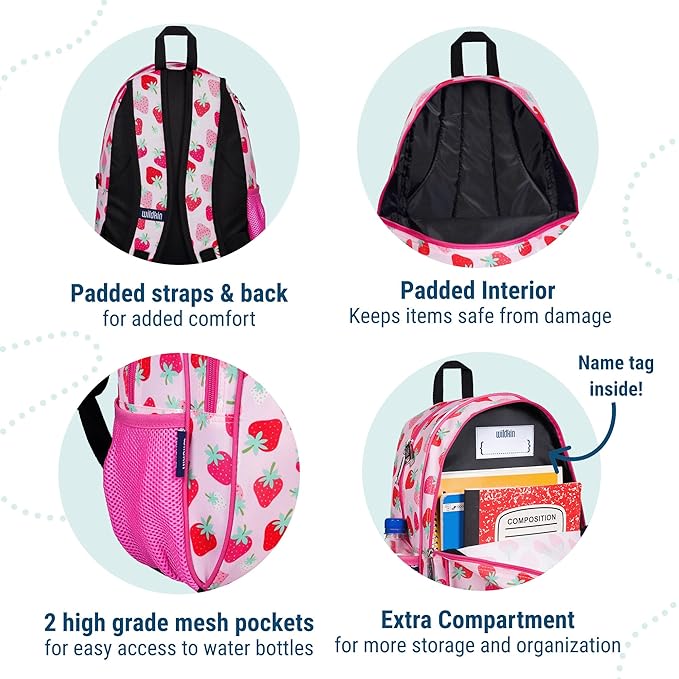 Wildkin 15-inch Kids Backpack – Durable, Padded, Adjustable for School & Travel - Strawberry Patch