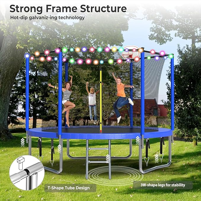Upgraded 10/12/14/15/16FT Trampoline Outdoor, Large Kids Trampoline with Light, Stakes, Sprinkler, Backyard Trampoline with Basketball Hoop and Net, Capacity for 4-6 Kids and Adults