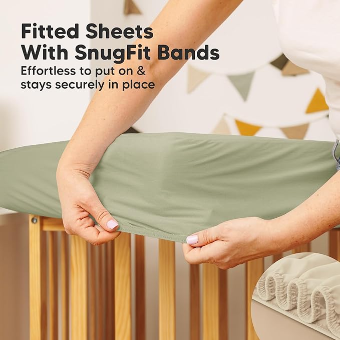 Waterproof Crib Mattress Protector Cover Fitted - 2-Pack Quiet Baby Crib Mattress Pad Sheets, 52" x 28" Soft Quilted Cotton Baby Sheet, Machine Washable, Easy Fit, Durable (Avocado/Mavy)