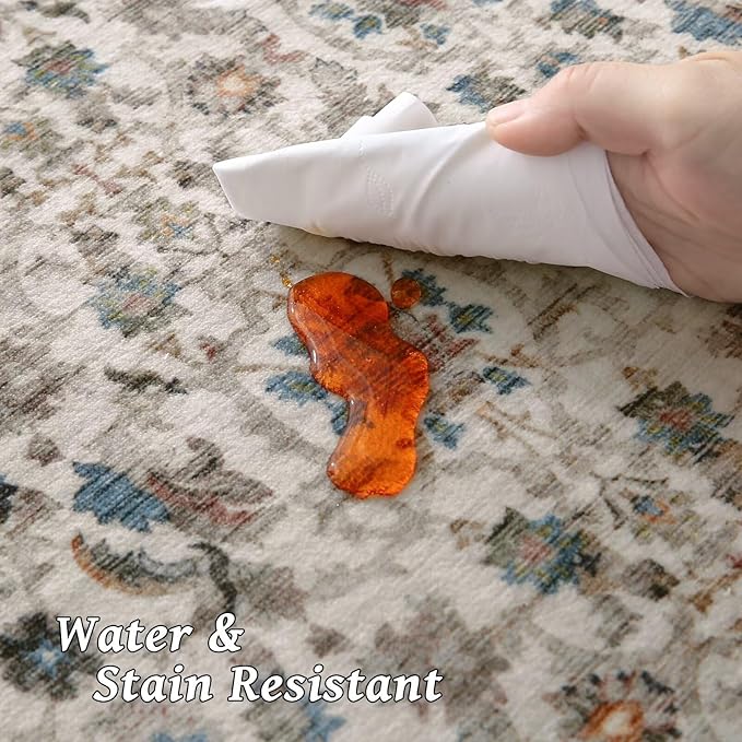 Washable 3x5 Entryway Rug Indoor, Boho Non-Slip Silicone Backing Small Rugs for Kitchen Nursery Office Bedroom, 0.3" Neutral Oriental Throw Carpet with 0.16" Cushioning Pad, Cream/Multi