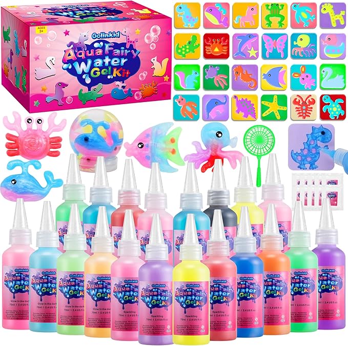 Magic Water Elf Toy Kit, 20 Bottles 24 Molds 70ML Aqua Fairy Water Gel Kit with Sparkling Magic Gel Glow in The Dark, Crate Your Own Magic Water Pets Aqua Fairy Craft Kits for Kids
