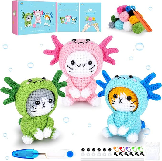 Crochet Kit for Beginners - 3 PCS Axolotl Cat Crochet Kits with Step-by-Step Video Tutorials, Beginner Crochet Kit for Adults, Crochet Cat Dressed as Axolotl Set (Blue & Green & Pink)