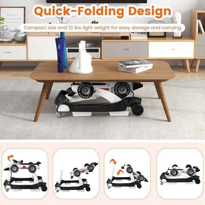 HONEY JOY 4-in-1 Baby Walker, Activity Push Walker w/3 Adjustable Heights, Smooth Wheels w/Adjustable Speed, Padded Seat, Music & Light, Foldable Car Walker for Baby Boys Girls Age 6 Months+ (White)