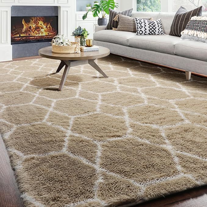 ONASAR Large Area Rugs for Living Room, Fluffy 7x10 Beige and White Thick Floor Rug for Bedroom Home Decor Aesthetic, Soft Fuzzy Shaggy Plush Geometric Carpet for Kids Teen Dorm Classroom Office
