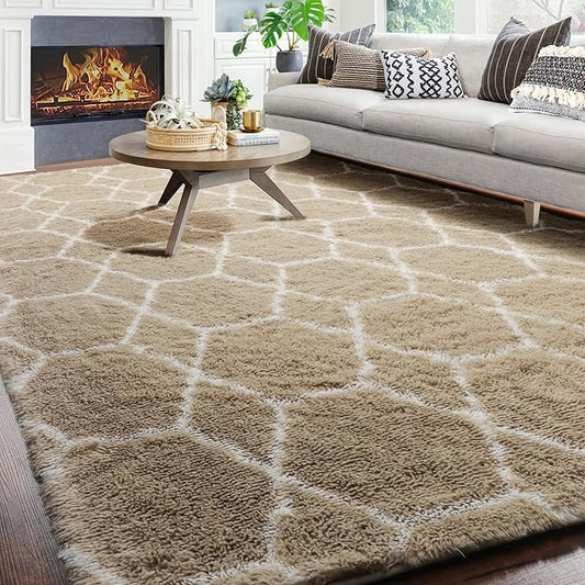ONASAR Living Room Area Rug 6x9, Large Beige and White Geometric Floor Rugs for Bedroom Home Decor Aesthetic, Soft Fuzzy Shaggy Plush Fluffy Moroccan Carpet for Teen Nursery Dorm Classroom Office