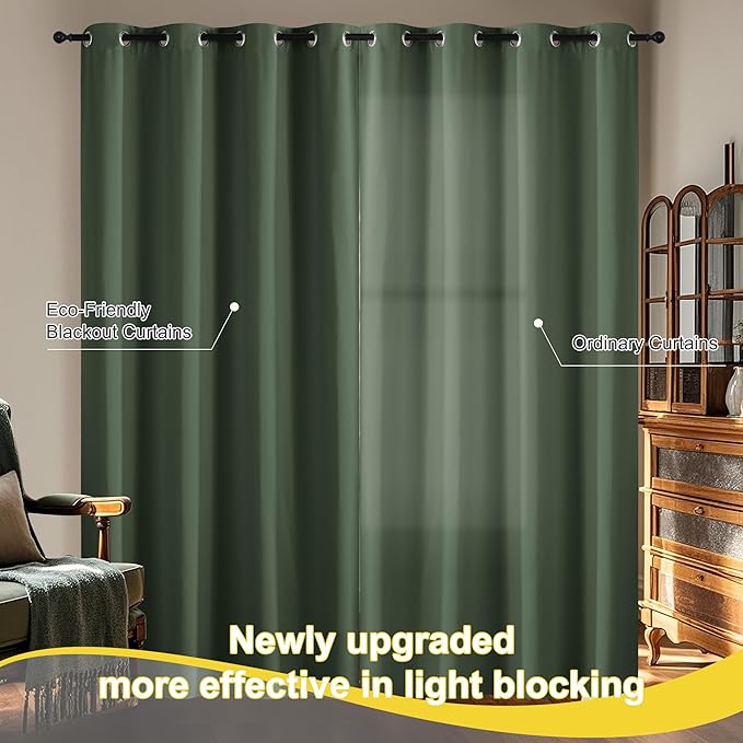 NICETOWN 100% Blackout Greyish Green Window Curtains 96 inches Long 2 Panels Set for Bedroom, Thermal Insulated Grommet Drapes, Room Darkening Curtain for Living Room(W52 x L96 Inch)