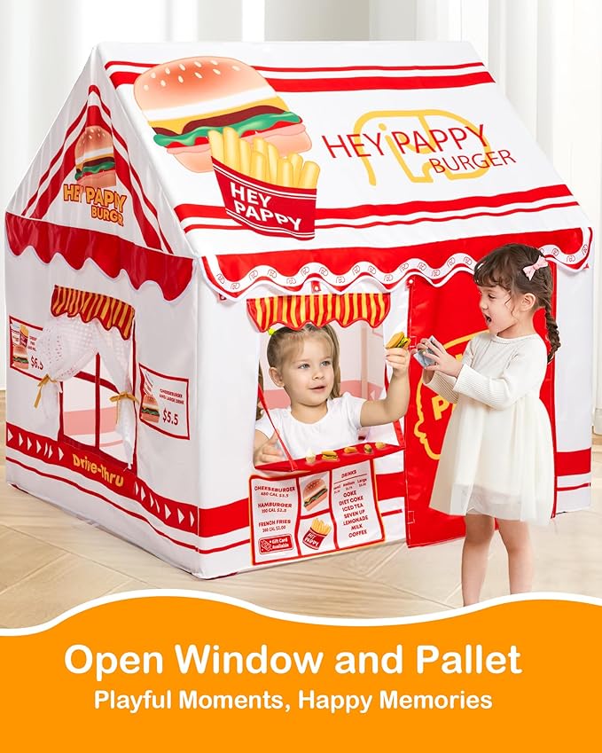 Kids Play Tent, Toddler Tent for Kid Indoor & Outdoor, 48.5"x39.4"x48.5" Playhouse Tent Burger Theme with Complete Toys Set, 3 Window, Lights and Balloons
