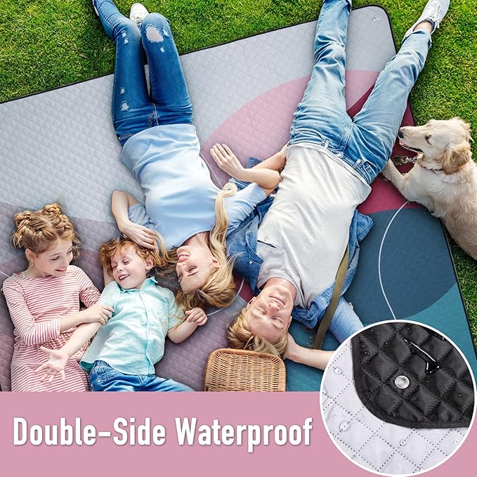 PY SUPER MODE Picnic Blankets Extra Large, Waterproof Foldable Outdoor Beach Blanket Oversized 83x79” Sandproof, 3-Layer Picnic Mat for Camping, Hiking, Travel, Park, Concerts(Abstract Pink)