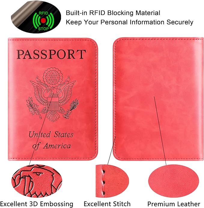 Passport Holder Cover Wallet Travel Essentials Leather Rfid Blocking Case Vacation Luggage Must Haves Travel Accessories for Men Women (116#Red)
