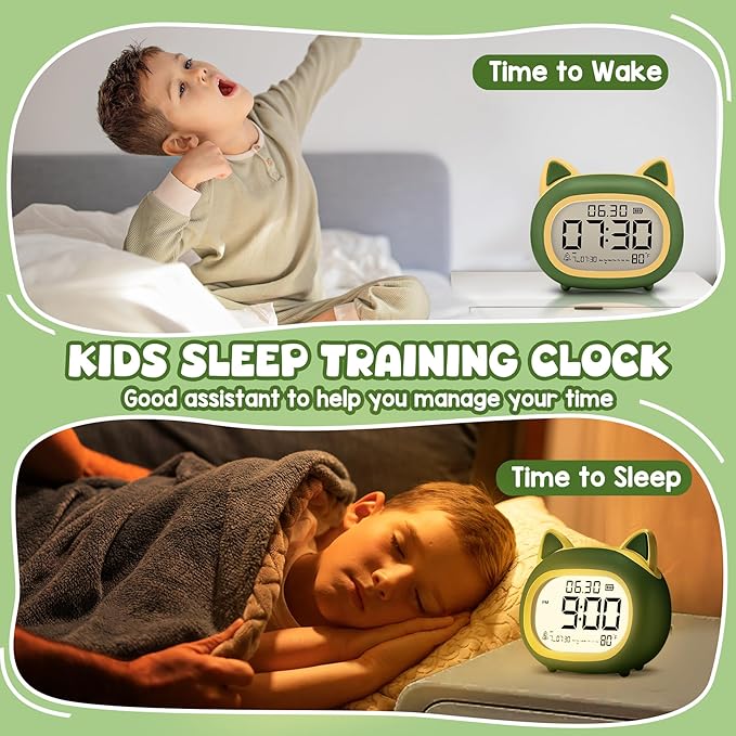Kids Alarm Clock with Night Light for Kids, Small Digital Alarm Clocks for Bedrooms, Routine Builder, Cute Cat Alarm Clock with Sleep Training, Snooze, 12/24H, Date & Day, Temperature, USB Port