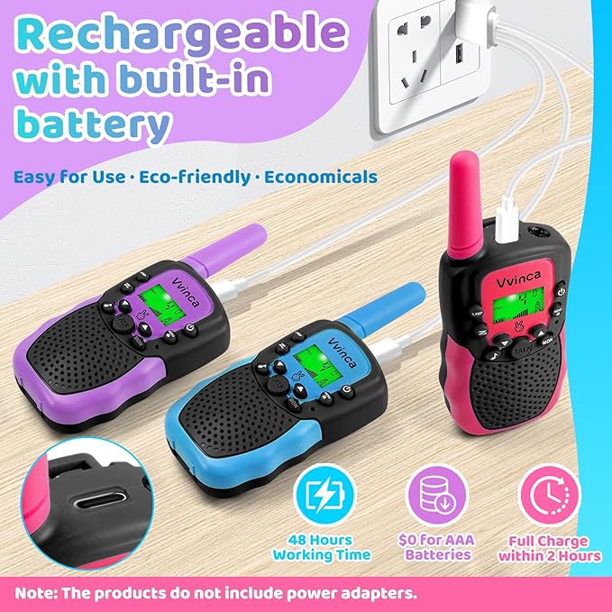 Vvinca Walkie Talkies for Kids Rechargeable 3 Pack, Toys for Boys Girls Age 3-13 Ourdoor Camping Birthday Gift, 3KM Long Range Walkie-Talkie 2 Way Radios 22 CH VOX with Li-ion Battery Flashlight