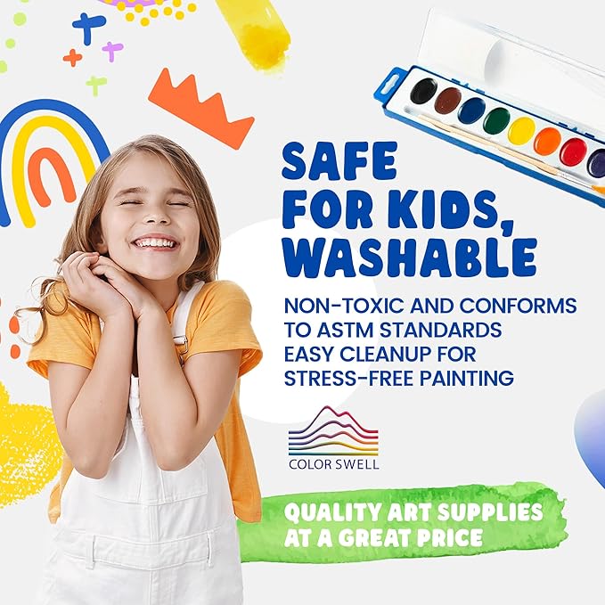 Color Swell Bulk Watercolors Paint Pack with Wood Brushes - 36 Sets with 8 Washable Colors Each - Perfect for Kids, Classrooms, Parties, Students, Donations, Party Favors, All Ages