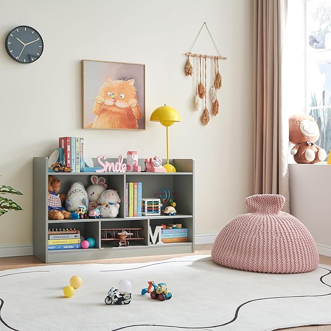 Kids Toy Storage Organizer, 5-Section Bookshelf for Organizing Books Toys, Wooden Storage Cabinet Daycare Furniture for School, Classroom Playroom, Nursery, Kindergarten (Grey)