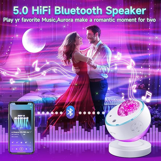 One Fire Northern Lights Projector,16Color Galaxy Projector for Bedroom, 15 White Noise Galaxy Light Projector, 5Moon Star Projector, Bluetooth Aurora Light Projector, Remote Timer Star Lights