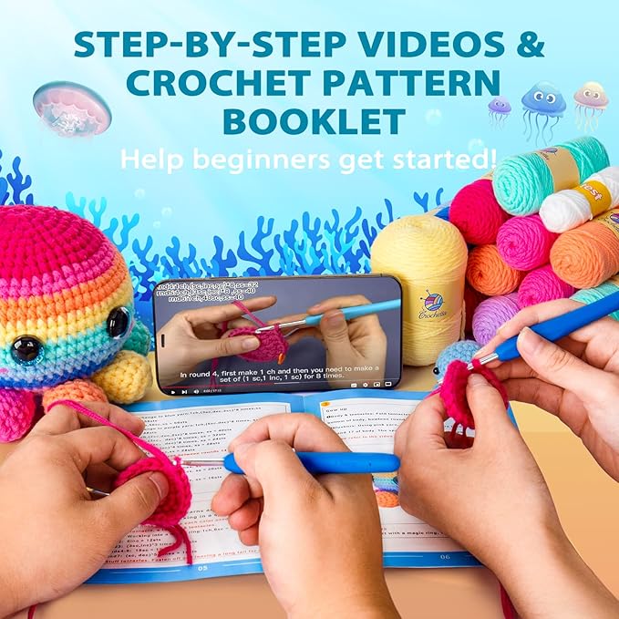 Crochetta Crochet Kit for Beginners, Crochet Kit Step-by-Step Video Tutorials, Crochet Starter Kit Learn to Crochet Kits for Adults Kids Beginners, Jumbo 3 Colorful Octopus Familly (40%+ Yarn Content)