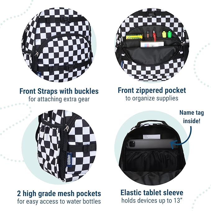 Wildkin ECO rPET 17-inch Large Backpack – Sustainable, Padded, Adjustable – Black and White Checkered