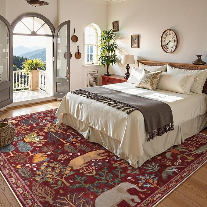 OJIA Animal Washable Rugs 8x10, Soft 8x10 Area Rugs for Living Room, Non Slip Bedroom Rug Under Bed Ultra-Thin Nursery Rug Large Carpet for Dining Room Office Playroom, Red