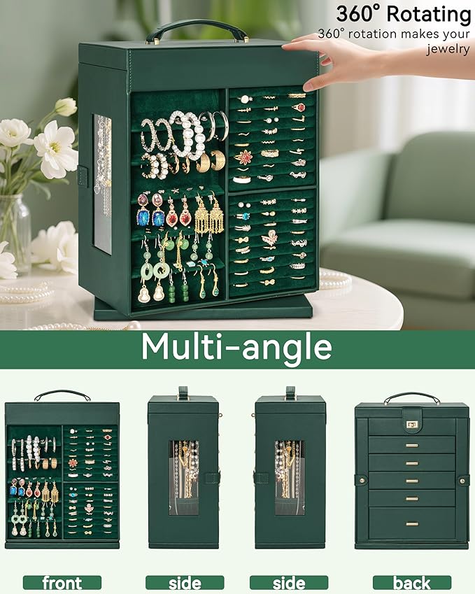 AKOZLIN 360° Rotating Jewelry Box 6-Tier Organizer Functional Jewelry Storage Case for Women Girls Ring Necklace Earring Bracelet Holder with Mirror
