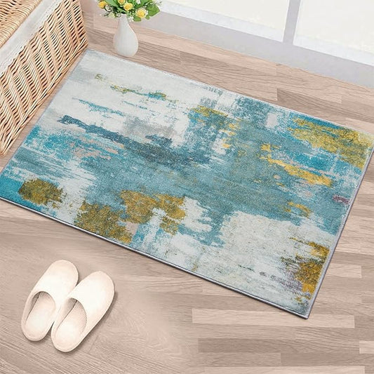 Entryway Rug 2x3 Blue Rug, Washable Abstract Small Rugs Non-Slip Low Pile Throw Rugs for Kitchen Floor, Front Door, Bedroom Bedside