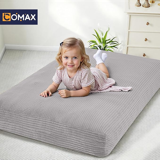 COMAX Kids Bean Bag Chair Turn into Beanbag Bed, Toddler Bean Chair Corduroy for Girl Boy Sleeping, Lazy Children Bean Bags with Filler, Convertible Child Floor Mattress, Light Grey
