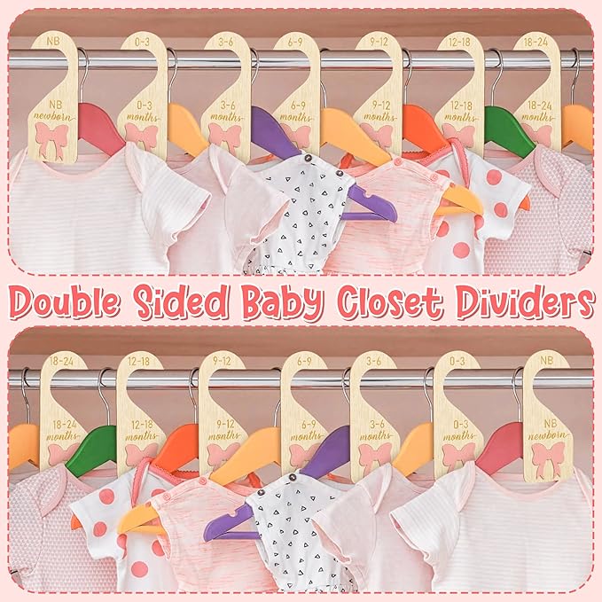 R HORSE Wooden Baby Closet Dividers - 8Pcs 3D Coquette Pink Bow Baby Closet Organizer Double-Sided Newborn Clothes Size Hanger Dividers Nursery Birthday Gift for Boy Girl (0-24 Months)