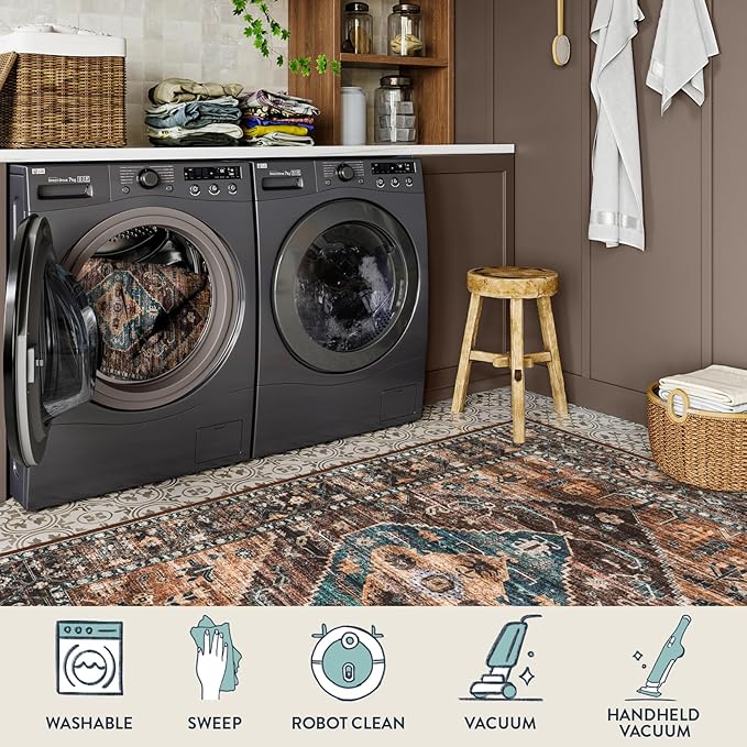 Lahome Washable Living Room Area Rug - 3x5 Non-Slip Ultra-Thin Rugs for Entryway, Throw Small Stain Resistant Kitchen Rugs, Vintage Medallion Print Carpet Rug for Office Bedroom Laundry Room Office