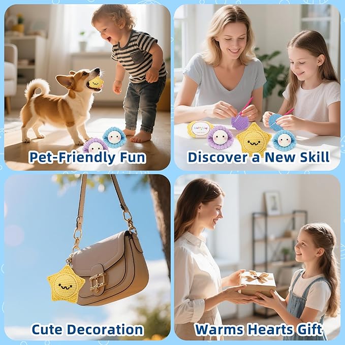 WaldyWop Crochet Kit for Beginners – 3PCS Ocean Friends Wobbles Crochet Animal Kit for Adults & Kids 8-12 – DIY Stress Relief Ball w/ 40% Extra Yarn, Easy Video & Instructions – Gift for Girls & Women