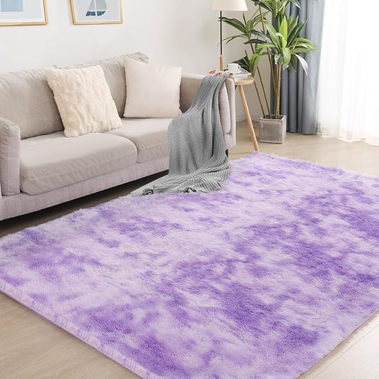 Plush Area Rug 4x5.8, Ultra Soft Rugs for Living Room, Fluffy Carpet Rugs for Bedroom, Non-Slip Indoor Rug for Nursery, Study Room, Playroom, Home Decor, Tie-Dyed Purple