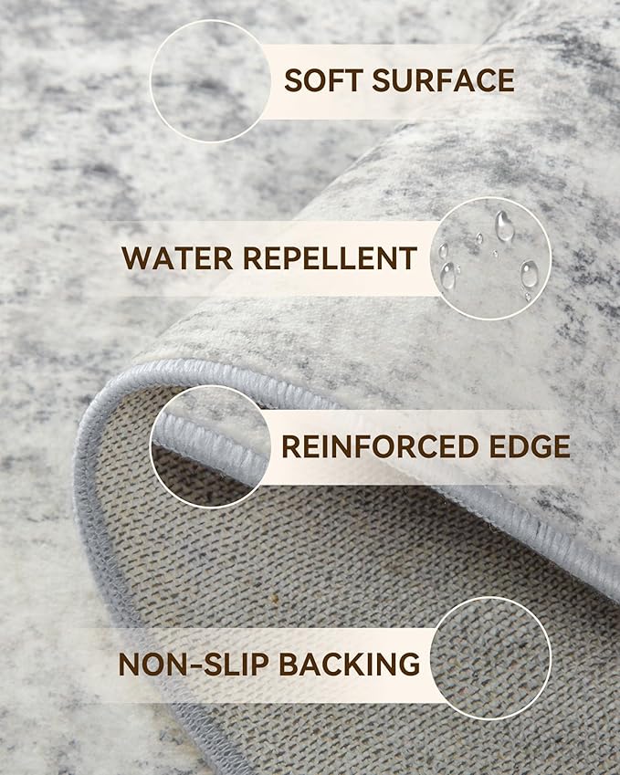 Washable Area Rugs 6'x9' Non-Slip Modern Abstract Soft for Living Room Entryway Bedroom Nursery, Print Pattern, Gray White Grey