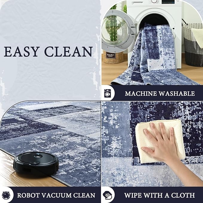 LOCHAS Rug for Living Room, Washable Soft Area Rugs for Bedroom 8x10, Abstract Carpet for Indoor Office Kids Dining Room Nursery Floor, Blue Geometric Vintage Home Decor, Non Slip, Pet Child Friendly