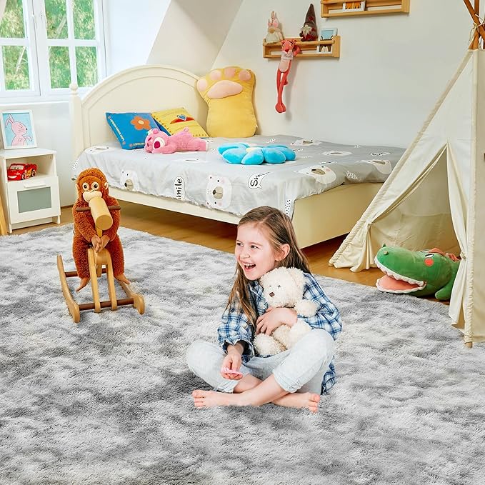 Ultra Soft Rug for Living Room, 3X5 Fluffy Shag Area Rug for Bedroom, Modern Shaggy Carpets Fuzzy Rug for Teens Dorm Nursery Home Decor Aesthetic, Upgrade Anti-Skid Durable, Tie-Dyed Light Grey