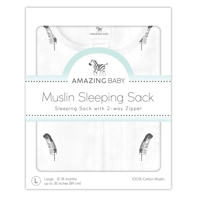 Amazing Baby Cotton Muslin Sleeping Sack, For Baby Boy or Girl, Wearable Blanket with 2-way Zipper, Little Feather, Black, Large (12-18 Month)
