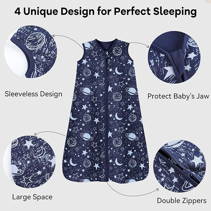 Baby Sleep Sack 18-24 Months 3 Pack 100% Cotton Lightweight 0.5 TOG Wearable Blanket Baby Sleep Bag with 2-Way Zipper for Infant Toddler Blue