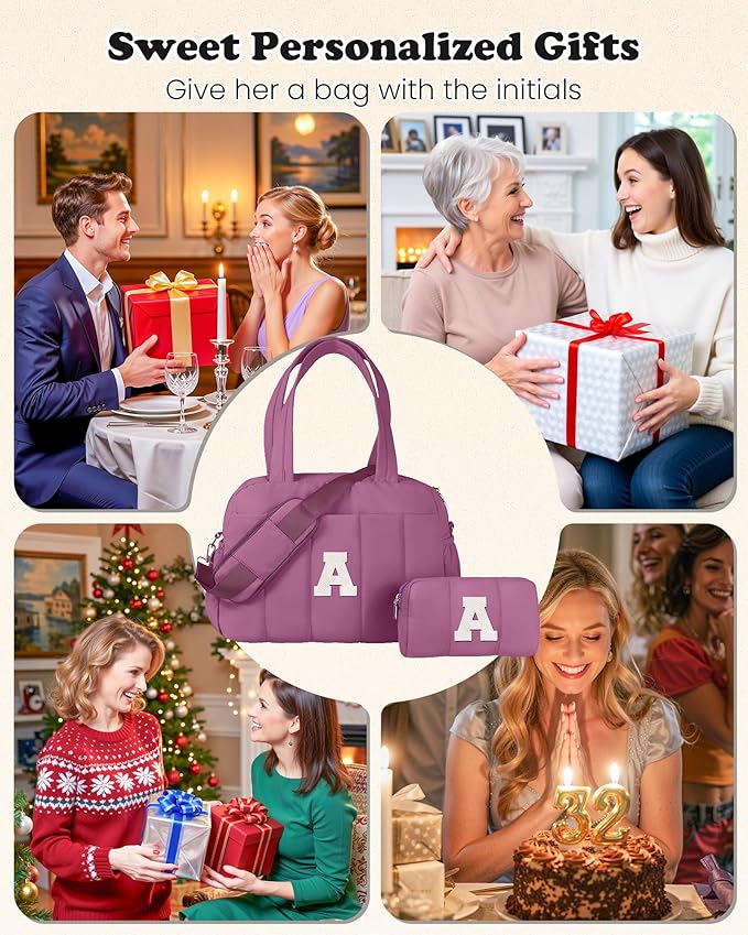 Duffle Bag with Initial, Spend The Night Bags for Women，Overnight Bag with Wet Pocket，Gifts for Women-Lightweight Travel Bags Personalized Gym Tote with Makeup Pouch