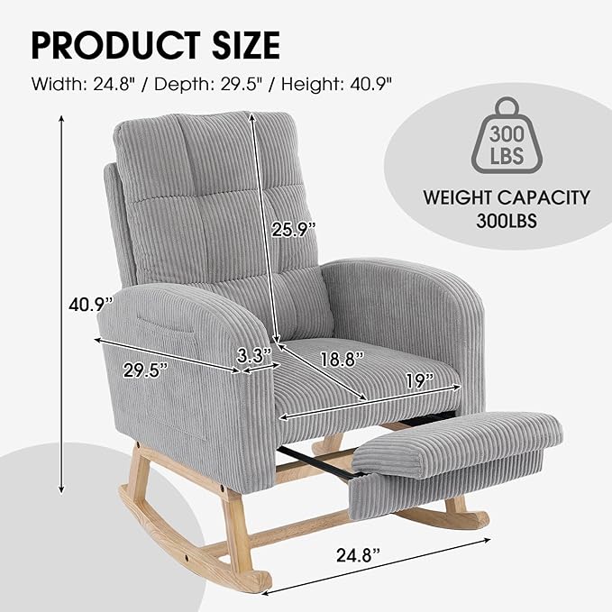 NIOIIKIT Nursery Rocking Chair, Corduroy Upholstered Rocking Chair with Adjustable Footrest, Tufted Rocker Chair with Side Pocket, Glider Rocker for Living Room, Bedroom (Gray Retro)