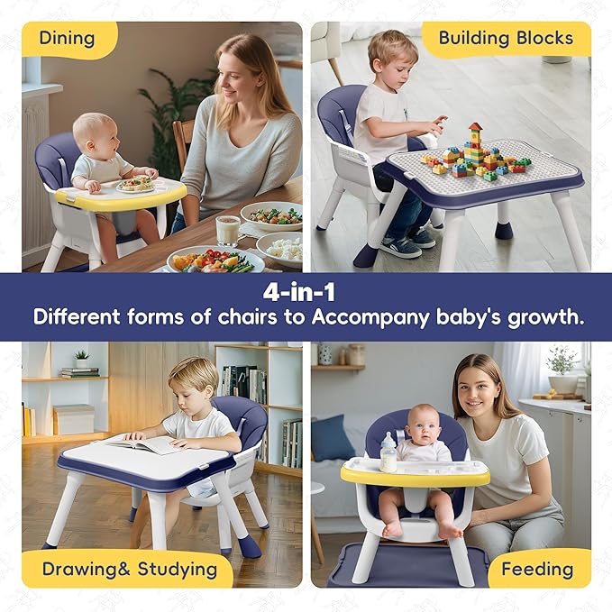 4 in 1 Baby High Chair, Toddler Chair with Removable Tray, Convertible High Chairs for Babies and Toddlers, Kids Learning Table, Building Block Table, Dining Booster Seat with Safety Harness, Blue