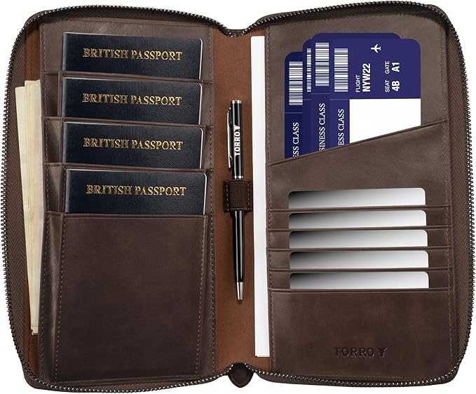 TORRO Premium Leather Family Travel Wallet, RFID Blocking Travel Organizer, Family Passport Holder for 4 Passports, Travel Documents and Cards (Dark Brown)
