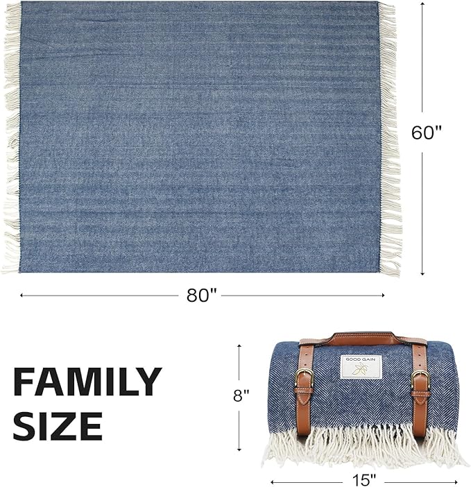 Waterproof Picnic Blankets- Extra Large Outdoor Blanket Foldable, Beach Blanket with PU Handles, Sandproof Picnic Mat for Hiking, Camping, Lawn, Park, Grass. Blue