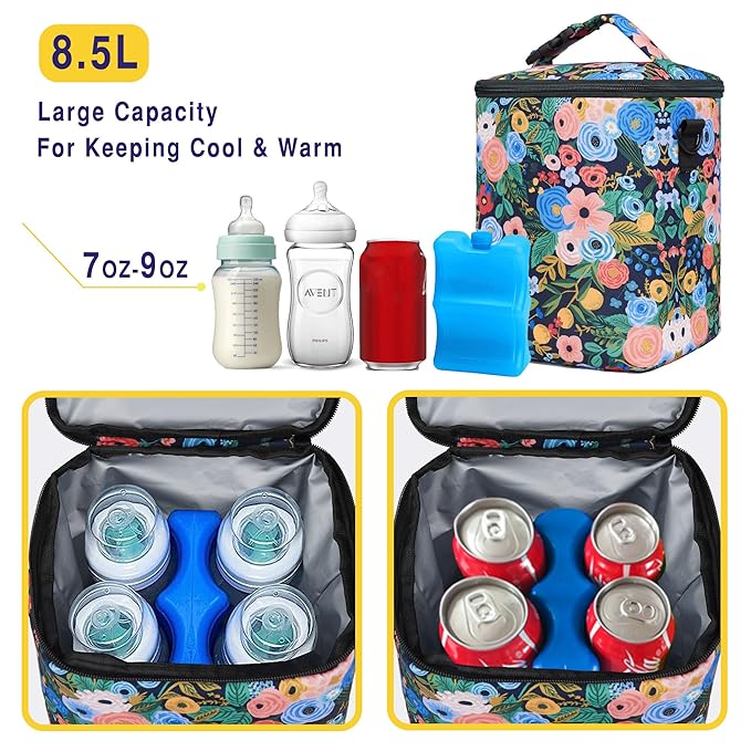 Breastmilk Cooler Bag with Ice Pack Fits 4 Baby Bottles Up to 9 Ounce Insulated Baby Bottle Bag Breast Milk Cooler on The Go with Strap Baby Bottle Cooler Bag for Nursing Mom Daycare or Travel