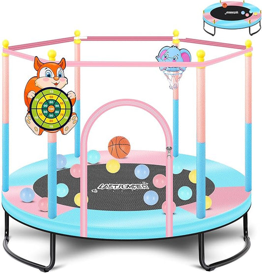 Pink Indoor Trampoline for Kids 2-5, 5ft Mini Indoor & Outdoor Small Toddler Trampoline with Net and Basketball Hoop