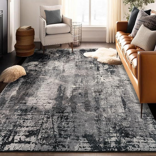 Area Rug Living Room Rug, 4x6 Modern Abstract Washable Rug Black Non Slip Foldable Faux Wool Vintage Carpet, Fluffy Non-Shedding Rugs for Living Room, Bedroom, Dining Room, Kids Playroom