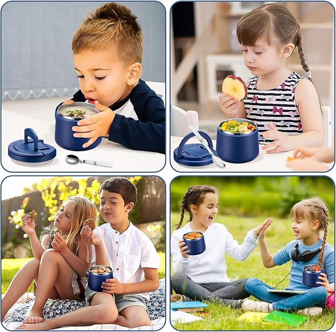 14oz Insulated Vacuum Food Jar with Buckle Lid,Soup Thermo for Hot Food Kids,Wide Mouth Leakproof Stainless Steel Lunch Container with Spoon-Blue