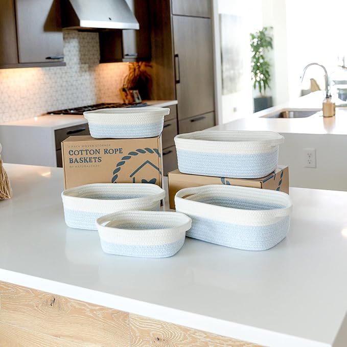 NaturalCozy 5-Piece Rectangle Storage Basket Set- Natural Cotton Rope Woven Baskets for Organizing! Small Basket for Montessori, Baby Nursery, Dog Toy Baskets, Cat Toy Box, Bathroom Organization Bin